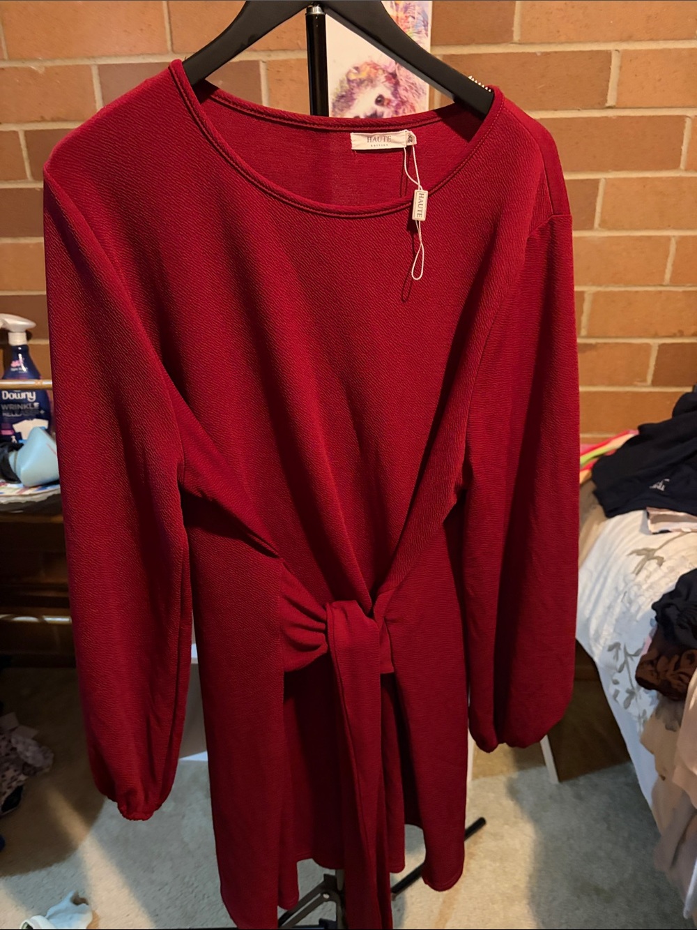 HAUTE SHORE Burgundy Long-Sleeve Tie-Waist Dress maroon
